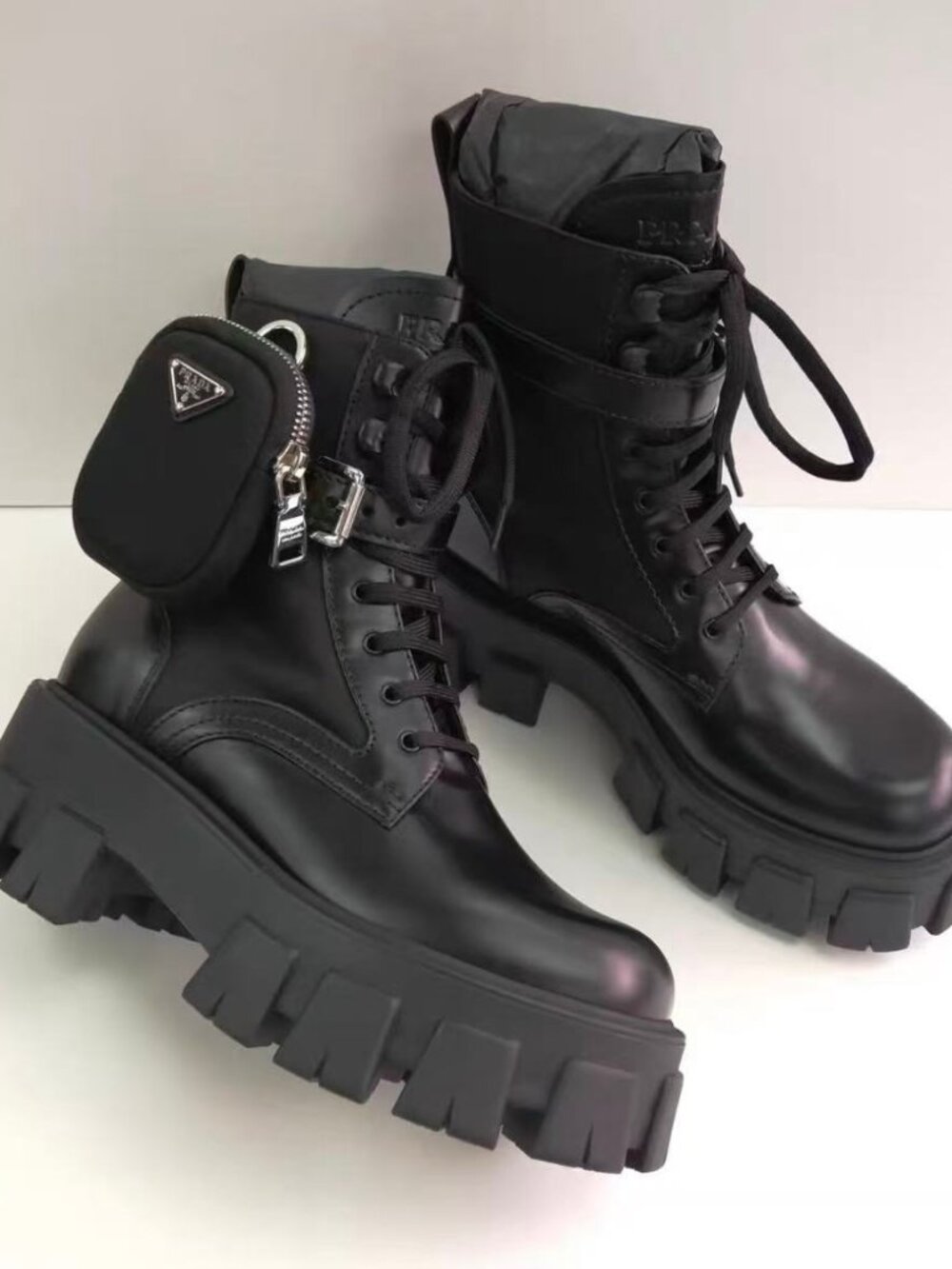Prada Black Monolith Combat Boots With Removable Pouch Triangle Logo